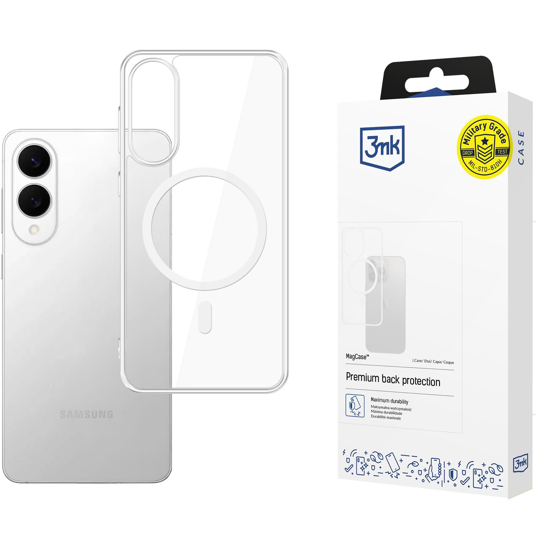 Oryginalne etui MagCase z MagSafe od marki 3mk dla Galaxy S25 Edge, przezroczysto-białe.